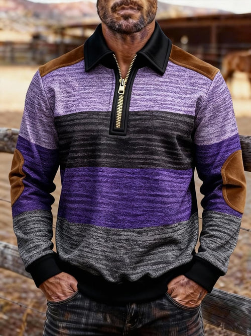 Men's Retro Color Block Print Zipper Sweatshirt