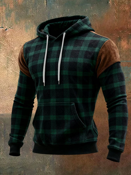 Men's Casual Retro Plaid Print Long Sleeve Hooded Sweatshirt