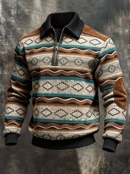 Men's Retro Color Block Print Color-Blocked Zip-Up Sweatshirt
