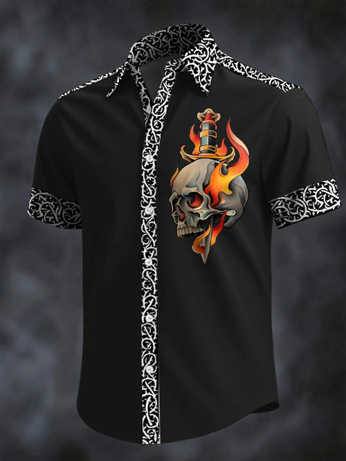 Men's Retro Horror Skull Print Lapel Short Sleeve Shirt