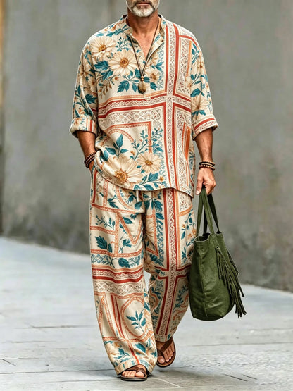 Men's Vintage Abstract Art Printed Cotton Shirt Set (Top & Pants)