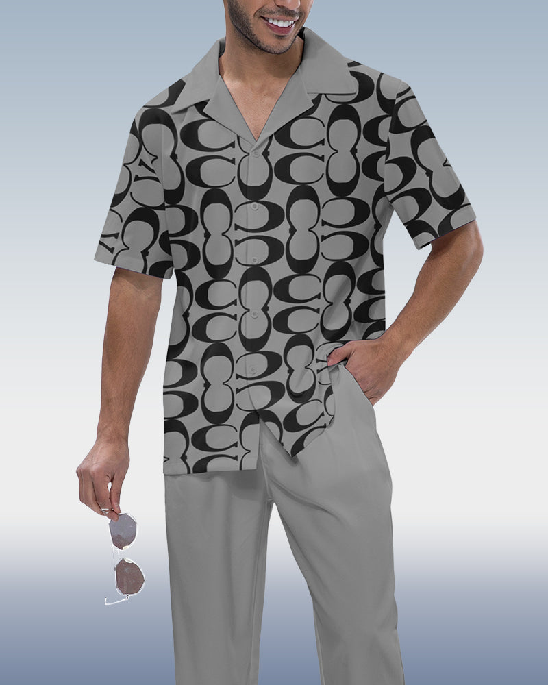 Men's Vintage Print Short Sleeve Shirt Walking Set 674