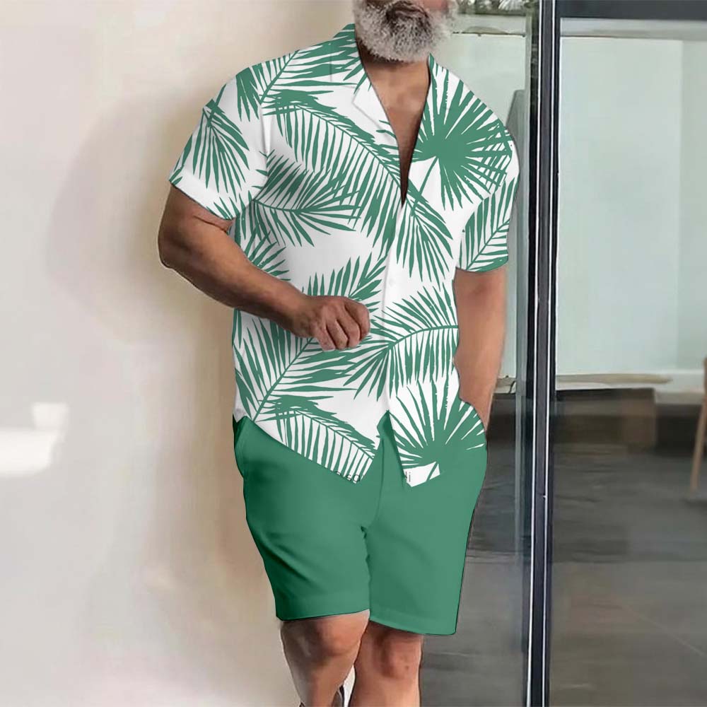 Men's Hawaii Vacation Printed Lapel Collar Short-Sleeved Two-Piece Set