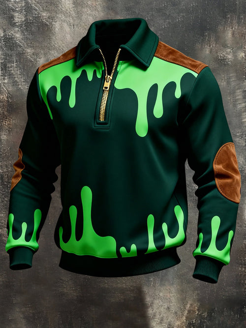 Men's Retro Color Block Print Color-Blocked Zip-Up Sweatshirt