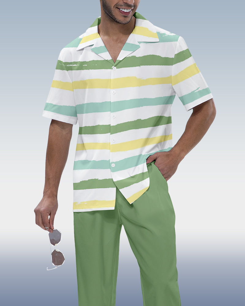 Rianmond Men's Striped Print Short Sleeve Shirt Walking Set 456