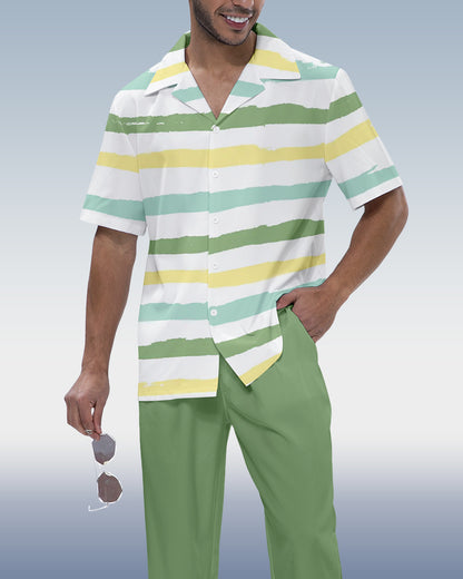 Rianmond Men's Striped Print Short Sleeve Shirt Walking Set 456
