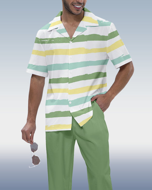 Rianmond Men's Striped Print Short Sleeve Shirt Walking Set 456
