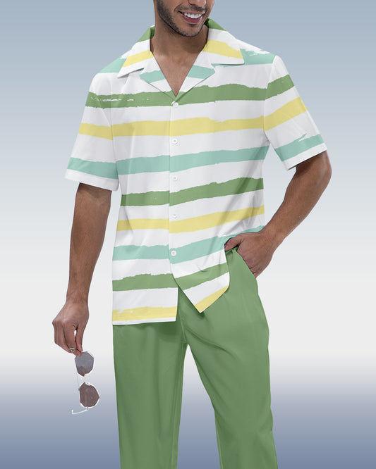 Rianmond Men's Striped Print Short Sleeve Shirt Walking Set 456