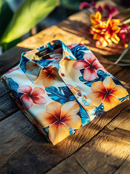 Men's Satin Luxe Hawaiian Print Short Sleeve Button Shirt
