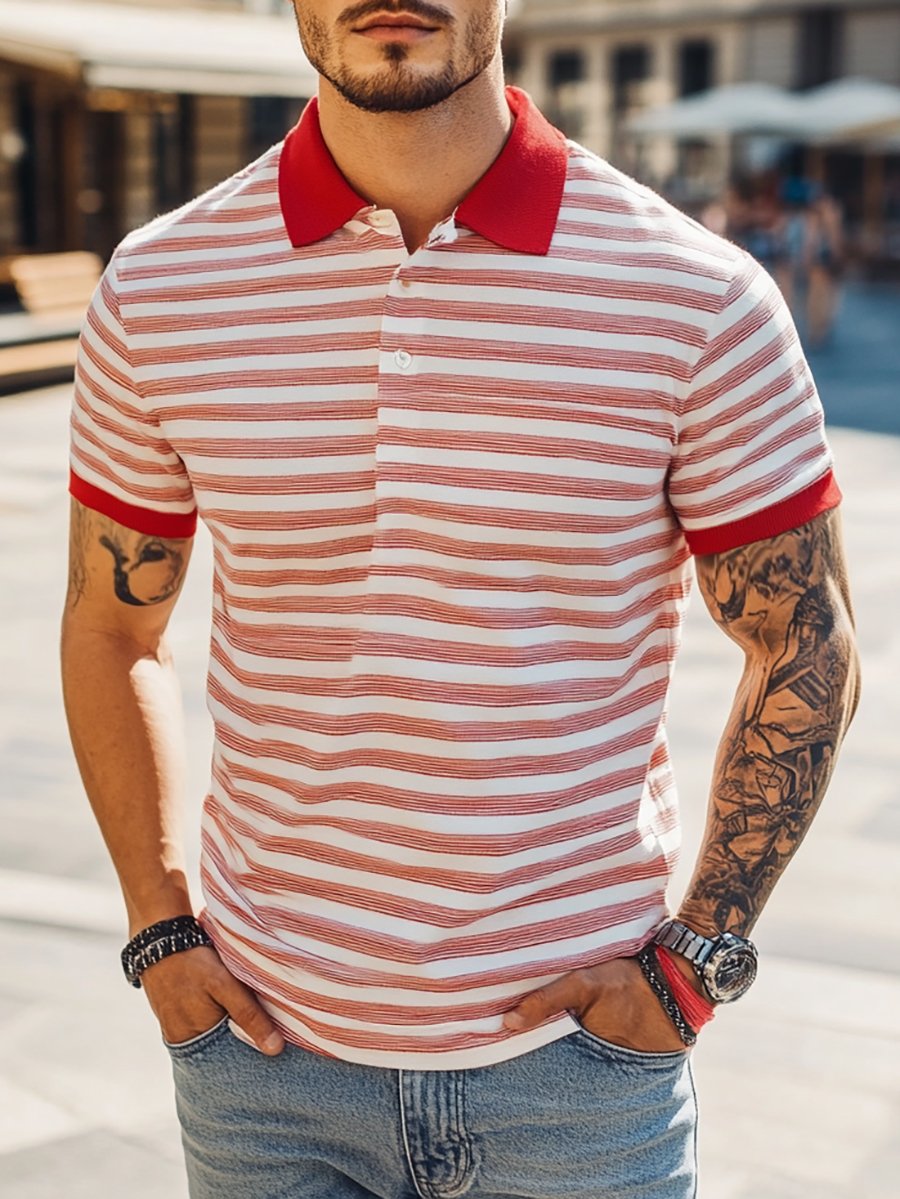 Men's Business Stripe Logo Button-Down Short Sleeve Polo Shirt