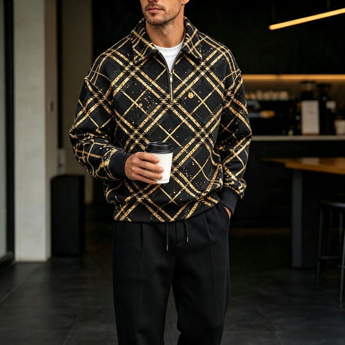 Men's Diamond-Patterned Zipper Polo Shirt and Pants Set