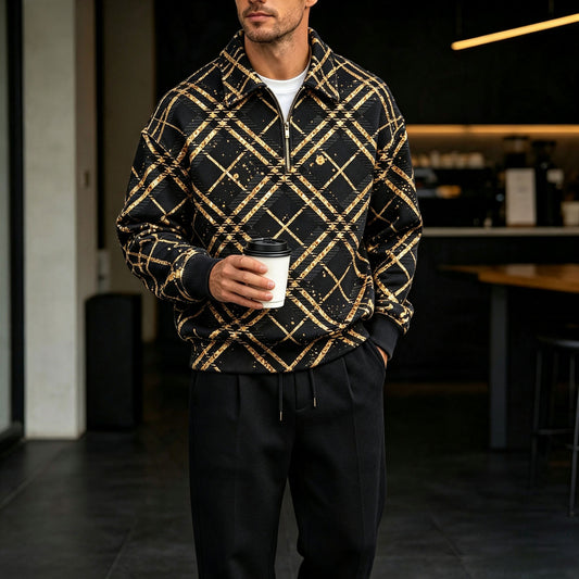 Men's Diamond-Patterned Zipper Polo Shirt and Pants Set