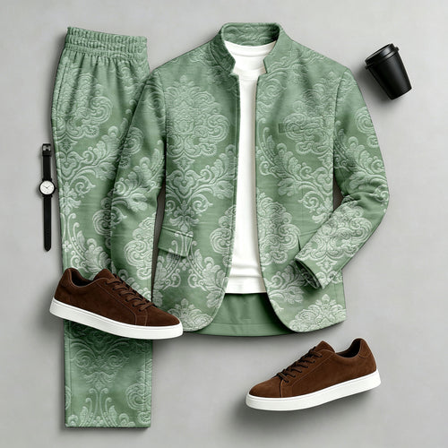 Men's Printed Stand-Collar Jacket and Pants Set