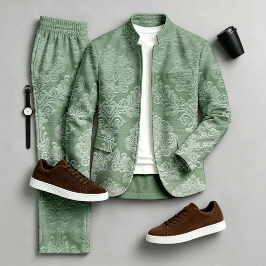 Men's Printed Stand-Collar Jacket and Pants Set
