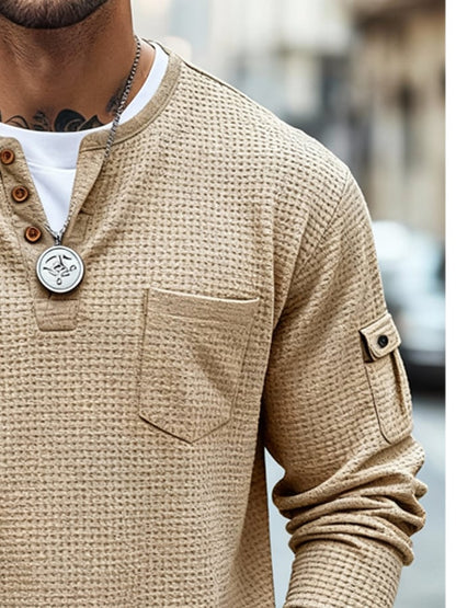Men's Vintage Waffle-Knit Faux Two-Piece Long-Sleeved T-Shirt with Pockets
