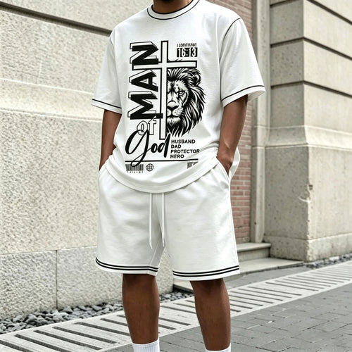 Men's Casual Letter-Printed Lion-Patterned Round-Neck Short-Sleeve T-Shirt and Shorts Two-Piece Set