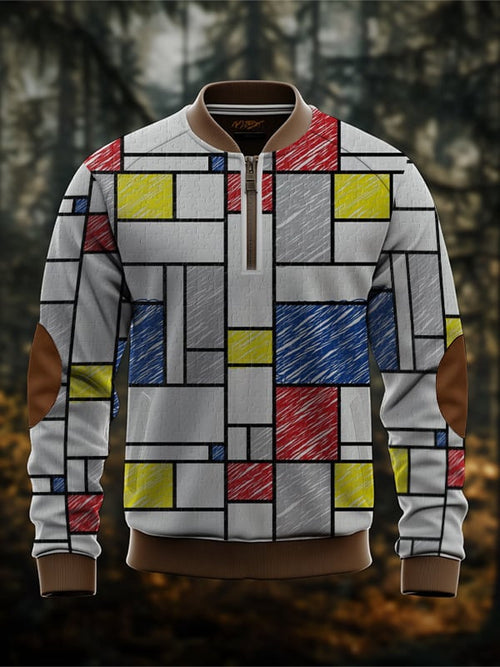 Men's Retro Mondrian Color Block Print Zip Collar Sweatshirt