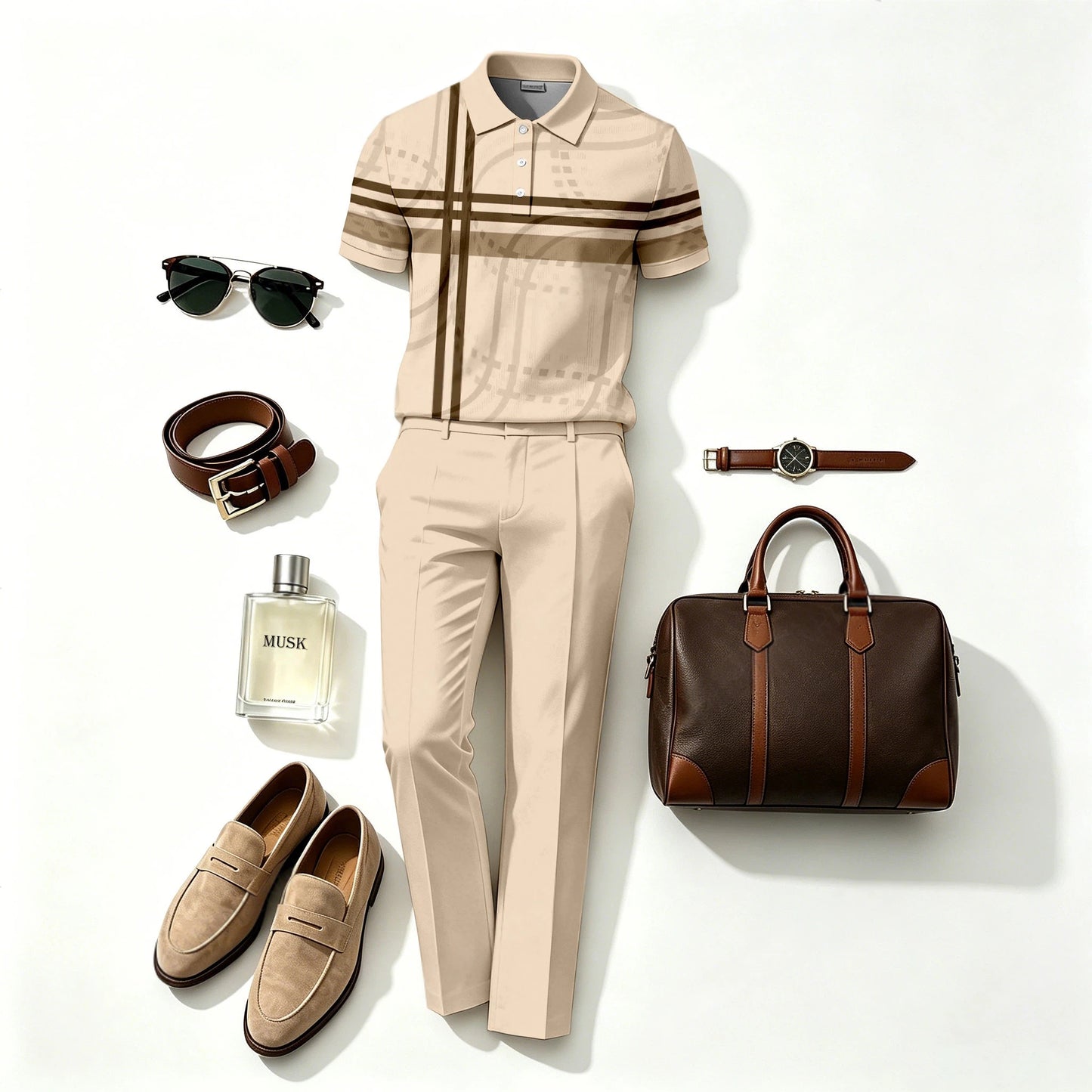 Men's Casual Horizontal and Vertical Cross-Patterned Short-Sleeve Polo Shirt and Long Pants Two-Piece Set (Does Not Include Accessories Such As Watches Or Glasses)