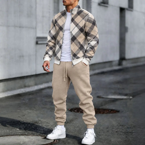 Men's Checkered Stand-Up Collar Jacket and Pants Set