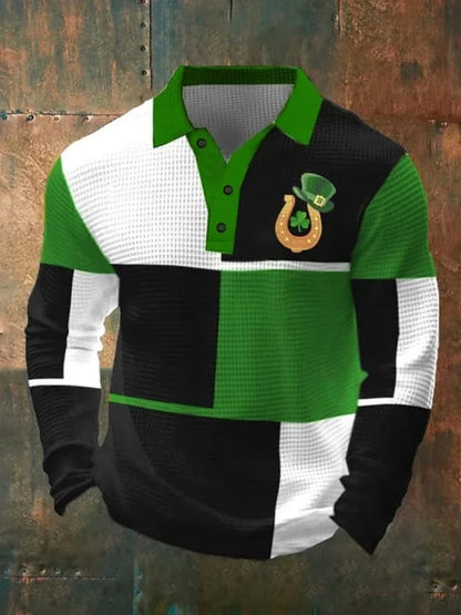 St. Patrick Men's Color Block Shamrock Waffle Polo Shirts