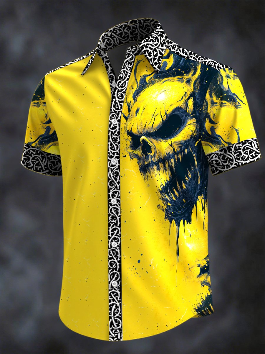 Men's Retro Horror Skull Print Lapel Short Sleeve Shirt