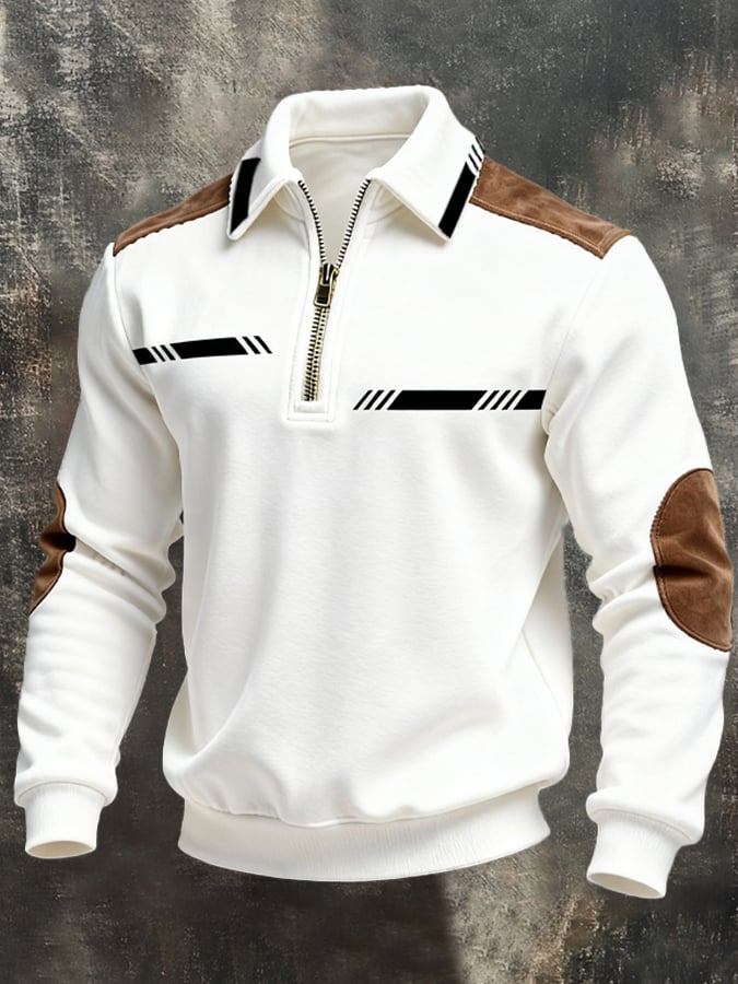 Men's Retro Color Block Print Zipper Sweatshirt