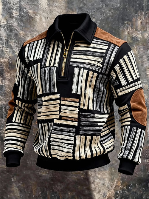 Men's Retro Color Block Print Zipper Sweatshirt