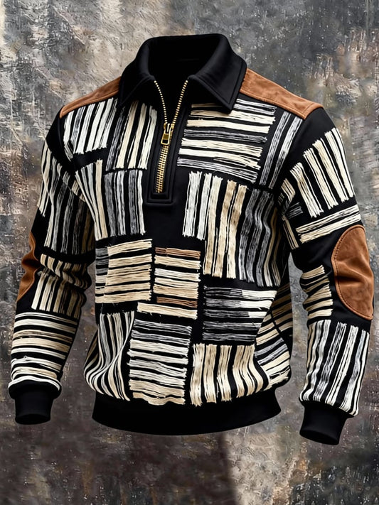 Men's Retro Color Block Print Zipper Sweatshirt