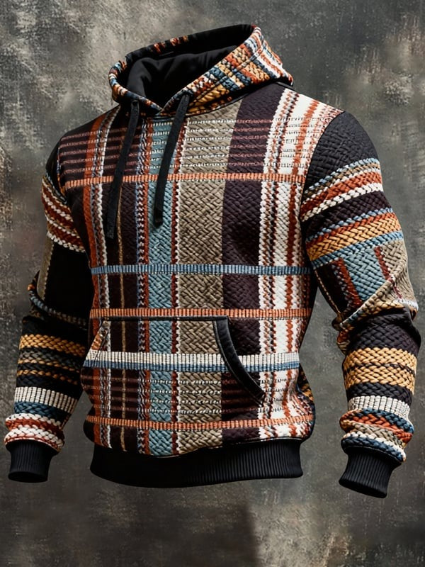 Men's Retro Contrast Print Casual Hooded Long Sleeve Sweatshirt