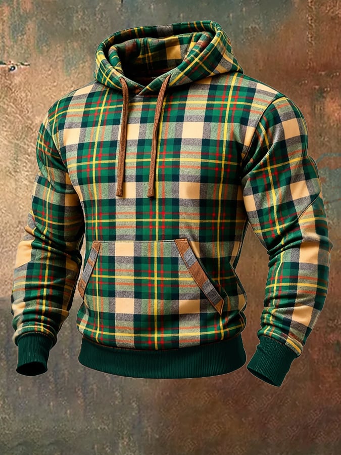 Men's Retro Plaid Contrast Color Hooded Sweatshirt