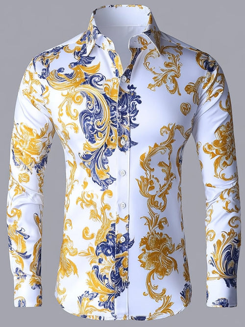 Men's Business Luxury Blue and Yellow Floral Long Sleeve Shirt