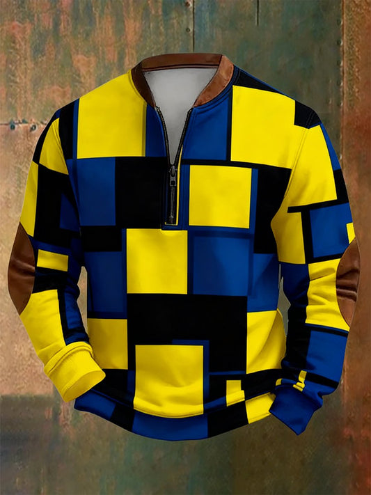 Men's Retro Bauhaus Geometric Style Print Quarter Zip Sweatshirt
