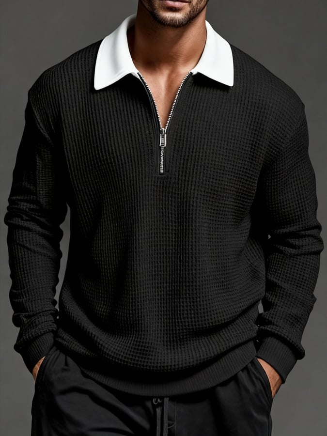 Men'S Vintage Waffle-Knit Casual Outdoor Long-Sleeved Polo Shirt