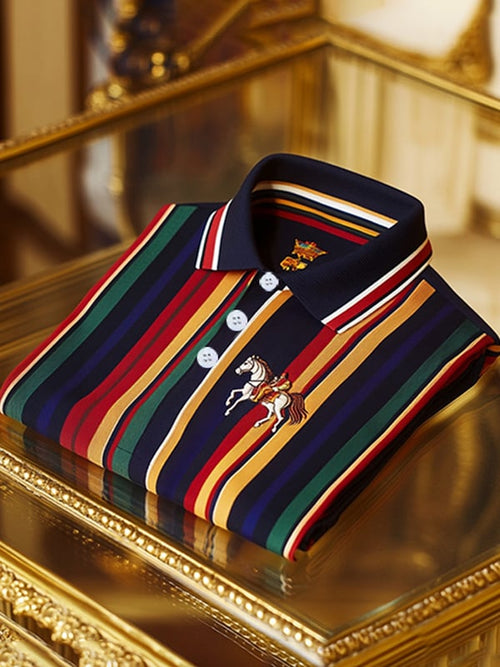 Men's Business Stripe Logo Print Short Sleeve Polo Shirt