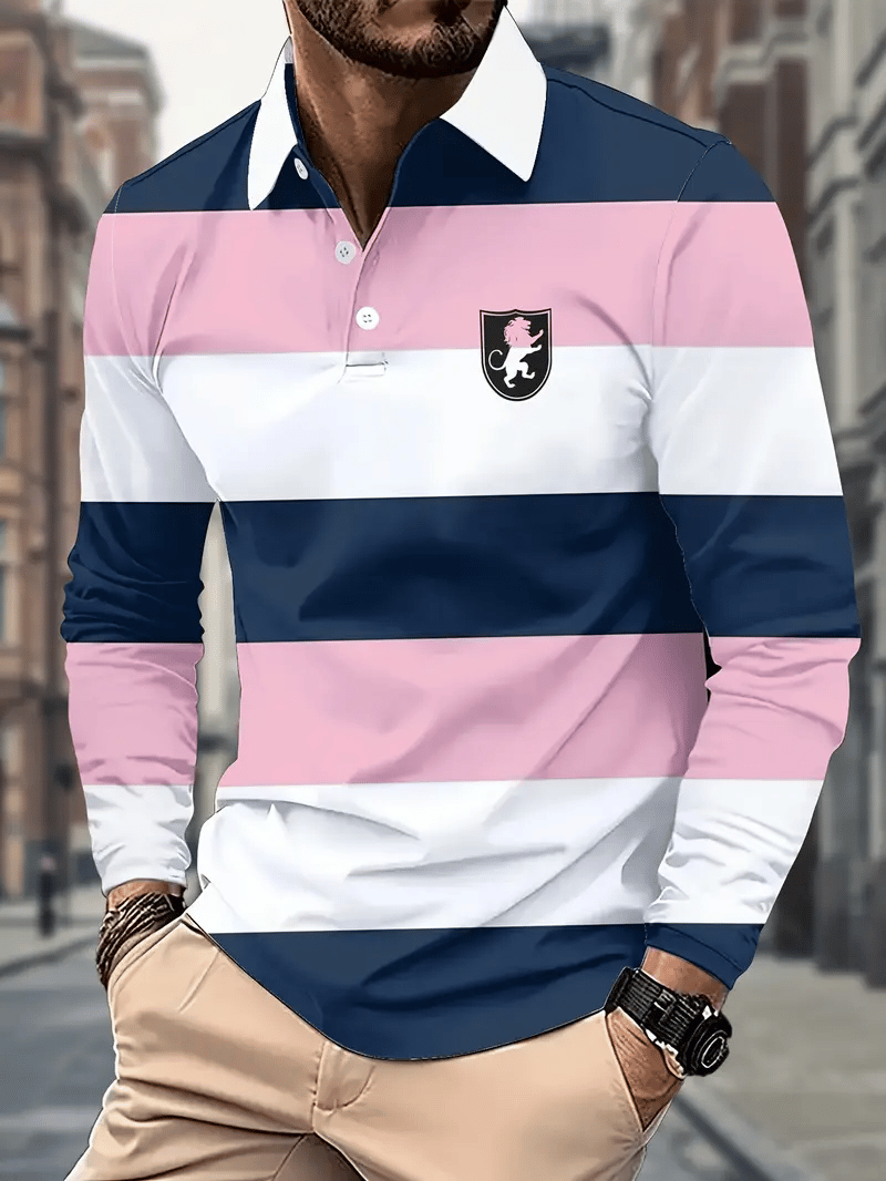 Men's Retro Business Stripe Print Long Sleeve Polo Shirt