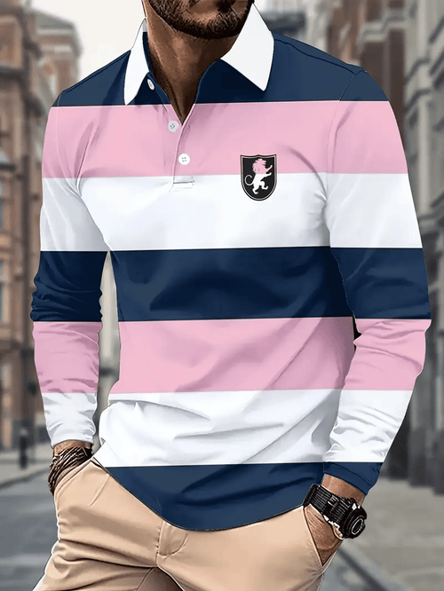 Men's Retro Business Stripe Print Long Sleeve Polo Shirt