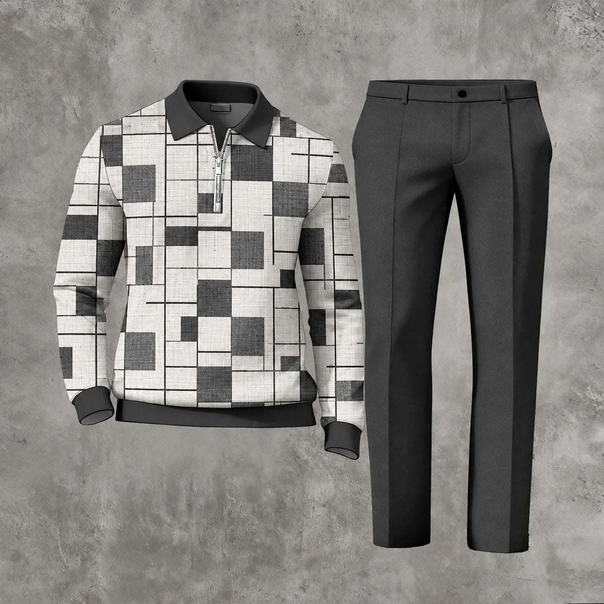 Men's Printed Zipper Polo Shirt and Pants Set