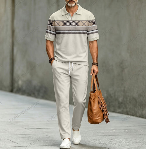 Men's Casual Striped Patchwork-Print Short-Sleeve Polo Shirt and Pants Two-Piece Set
