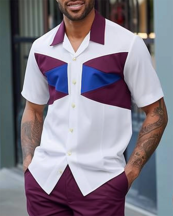Men's Textured Short Sleeve Printed Two-Piece Walking Pants Set