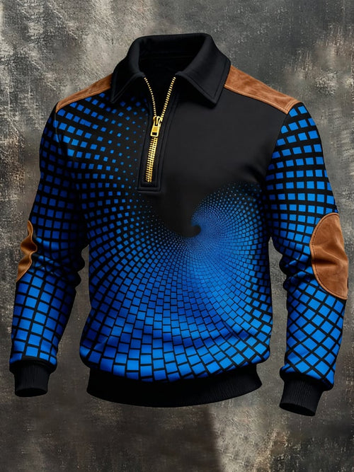 Men's Retro Color Block Print Zipper Sweatshirt
