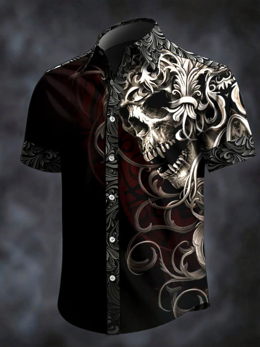 Men's Retro Horror Skull Print Lapel Short Sleeve Shirt