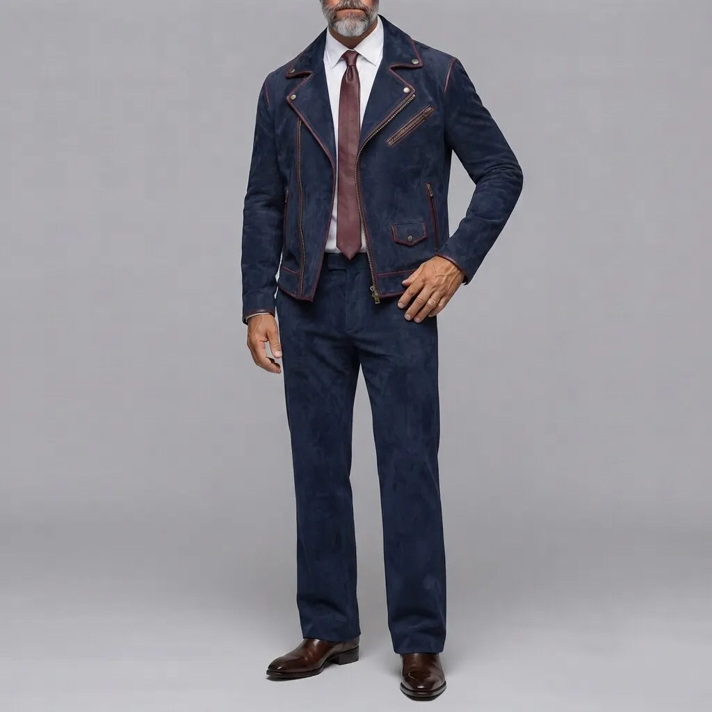 Men's Classic Navy Blue Suede Contrast Piping Asymmetrical Zipper Slim Fit Jacket