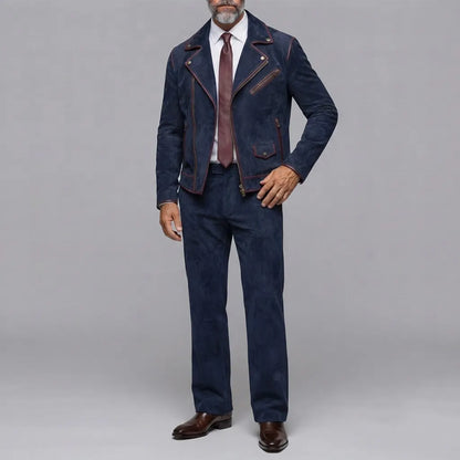 Men's Classic Navy Blue Suede Contrast Piping Asymmetrical Zipper Slim Fit Jacket