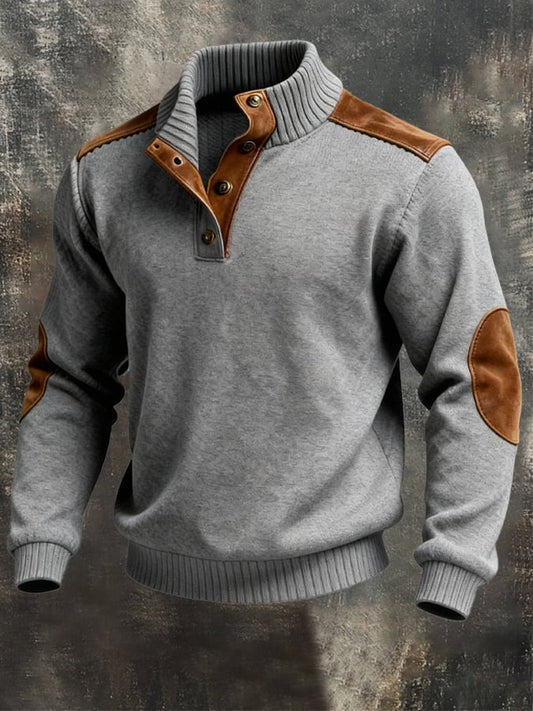 Men's Retro Fleece Warm Patchwork Comfortable Color-Blocked Henry Sweatshirt