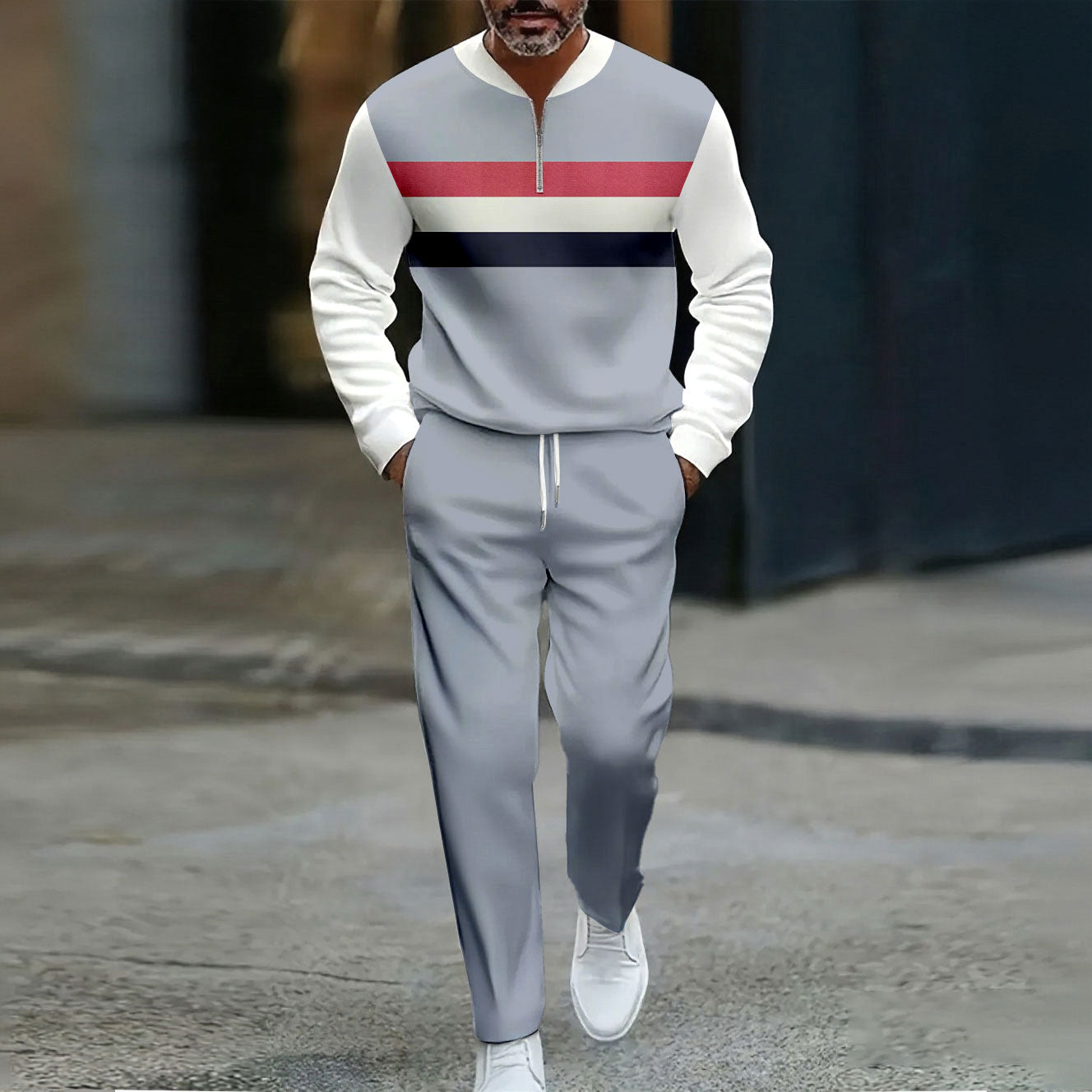 Men's Casual Color Matching Printed Round-Neck Zipper Long Sleeved Trousers Two-Piece Set