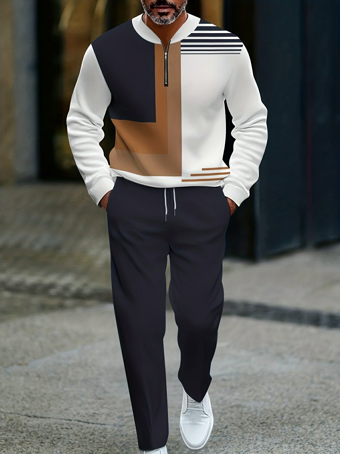 Men's Casual Navy Blue & White Color Matching Geometric Asymmetric Printed Round-Neck Zipper Long Sleeved Trousers Two-Piece Set