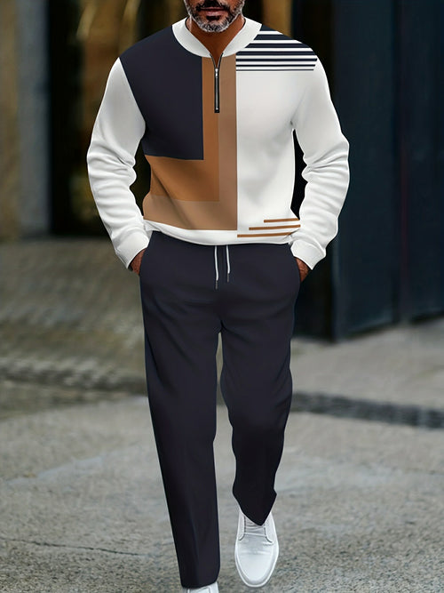 Men's Casual Navy Blue & White Color Matching Geometric Asymmetric Printed Round-Neck Zipper Long Sleeved Trousers Two-Piece Set