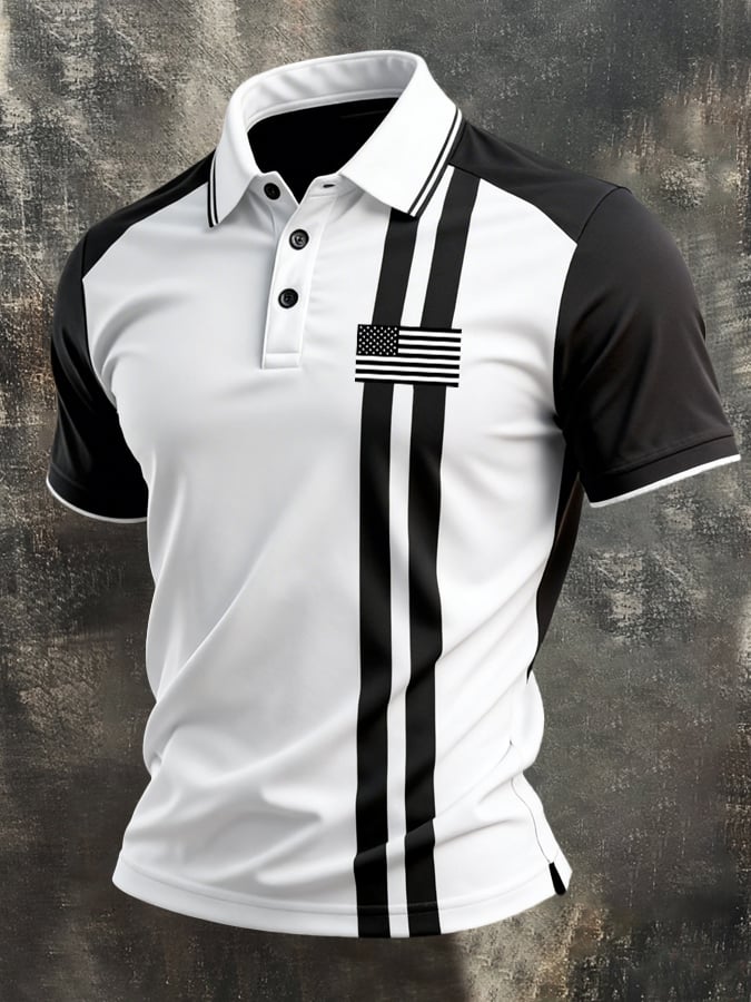 Men's Retro Patriotic Color-Block Short-Sleeve Polo Shirt