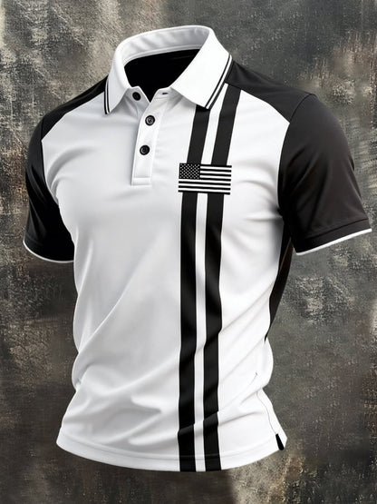 Men's Retro Patriotic Color-Block Short-Sleeve Polo Shirt