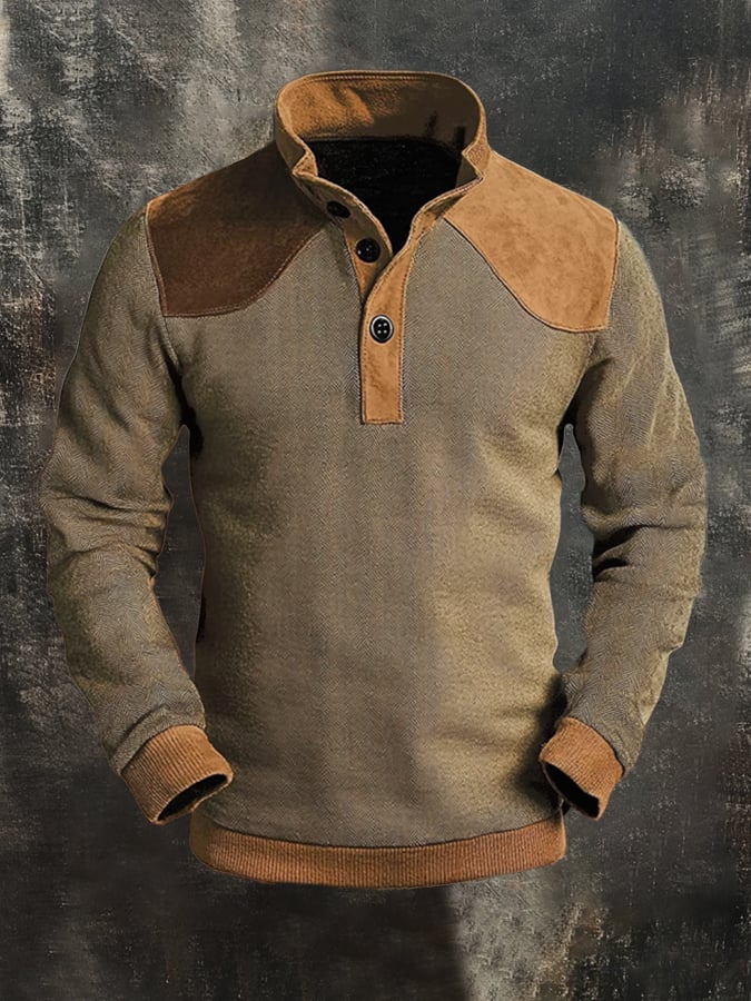 Men'S Casual Retro Contrast Color Stand Collar Long Sleeve Sweatshirt